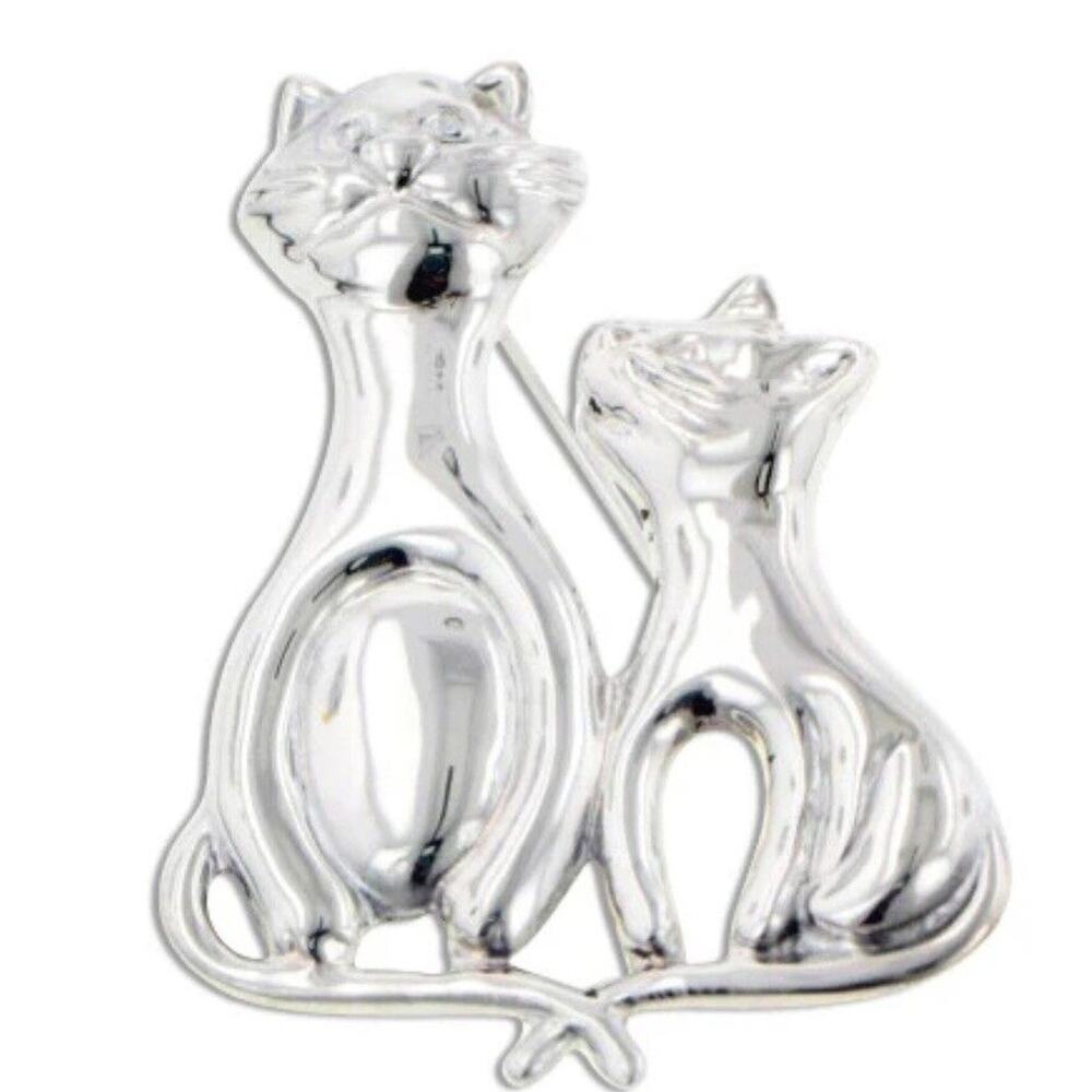 Tails Crossed - Whimsical Cat & Kitten Artistic Pin Brooch 925 Silver
